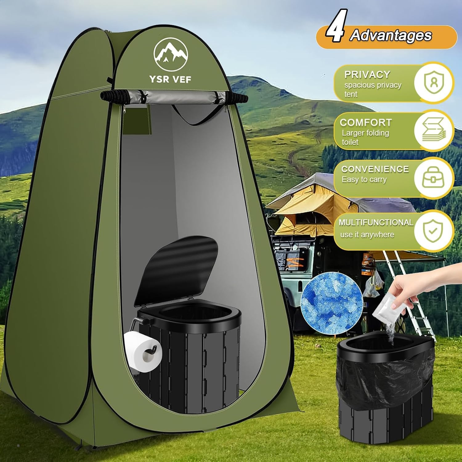 Portable Toilet Kit, Camping Toilet with Pop-Up Privacy Tent and Poo Gel Toilet