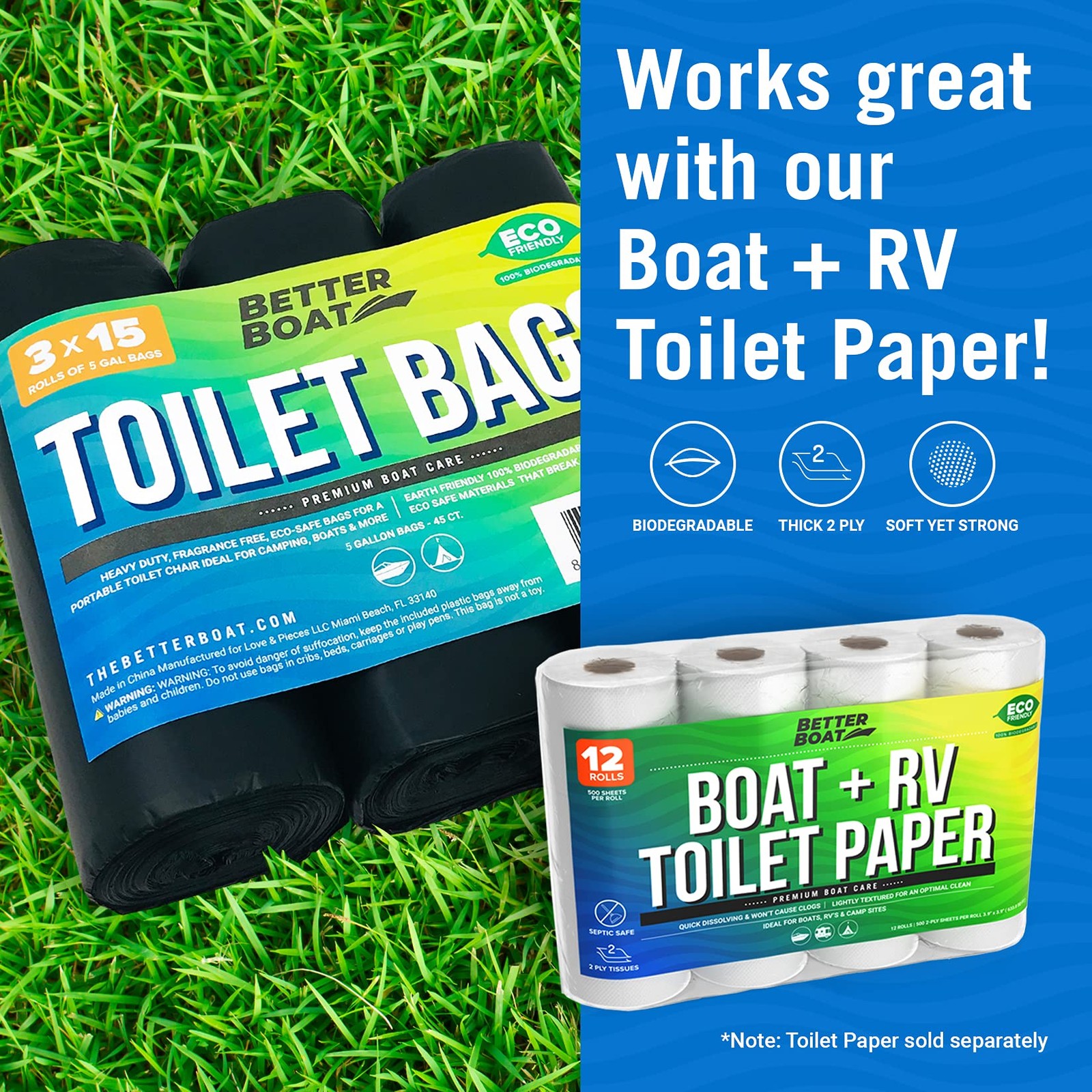 Biodegradable Toilet Bags 8 Gallon for 5 Gallon Buckets Camping & Outdoor Use