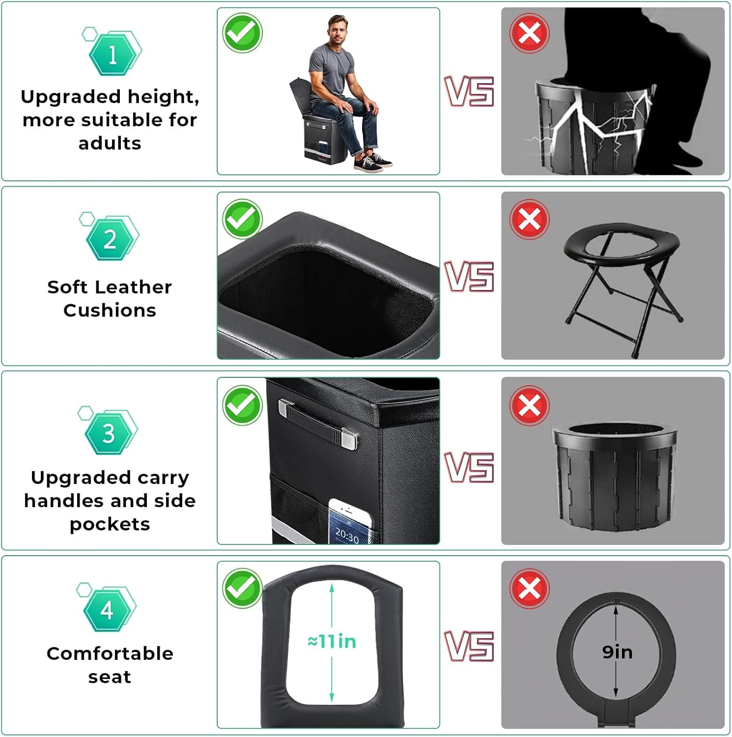 Upgraded XL Portable Toilet for Adults,Tall Camping Toilet with Lid