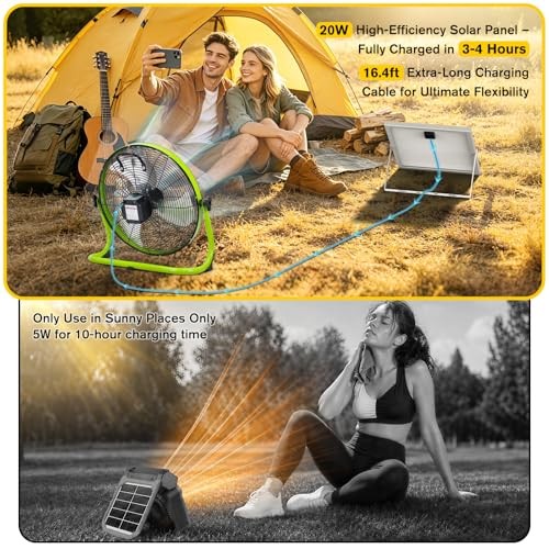 14″ Solar Powered Fan with 20W Solar Panel & Rechargeable Battery, 14 Inch