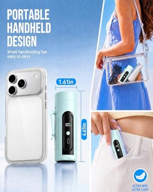 Mini Clip On Handheld Cooling Fan, 17000RPM 5 Speed Small Belt Fan Light Blue