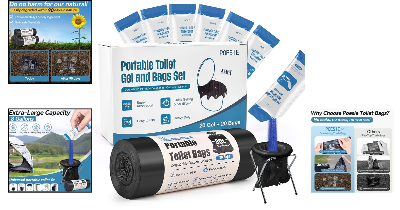 Travel-Friendly Portable Toilet Gel – 20 Eco-Gels & Bags for Outdoor Adventures