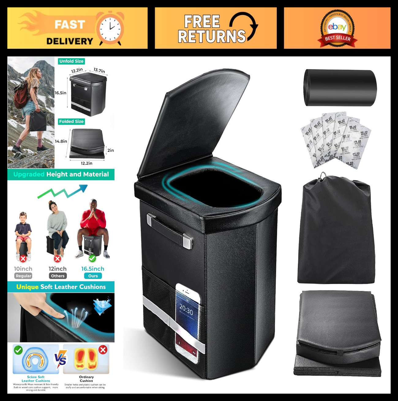 Upgraded XL Portable Toilet for Camping, Hiking, RV, Travel – Tall 16.5” with L