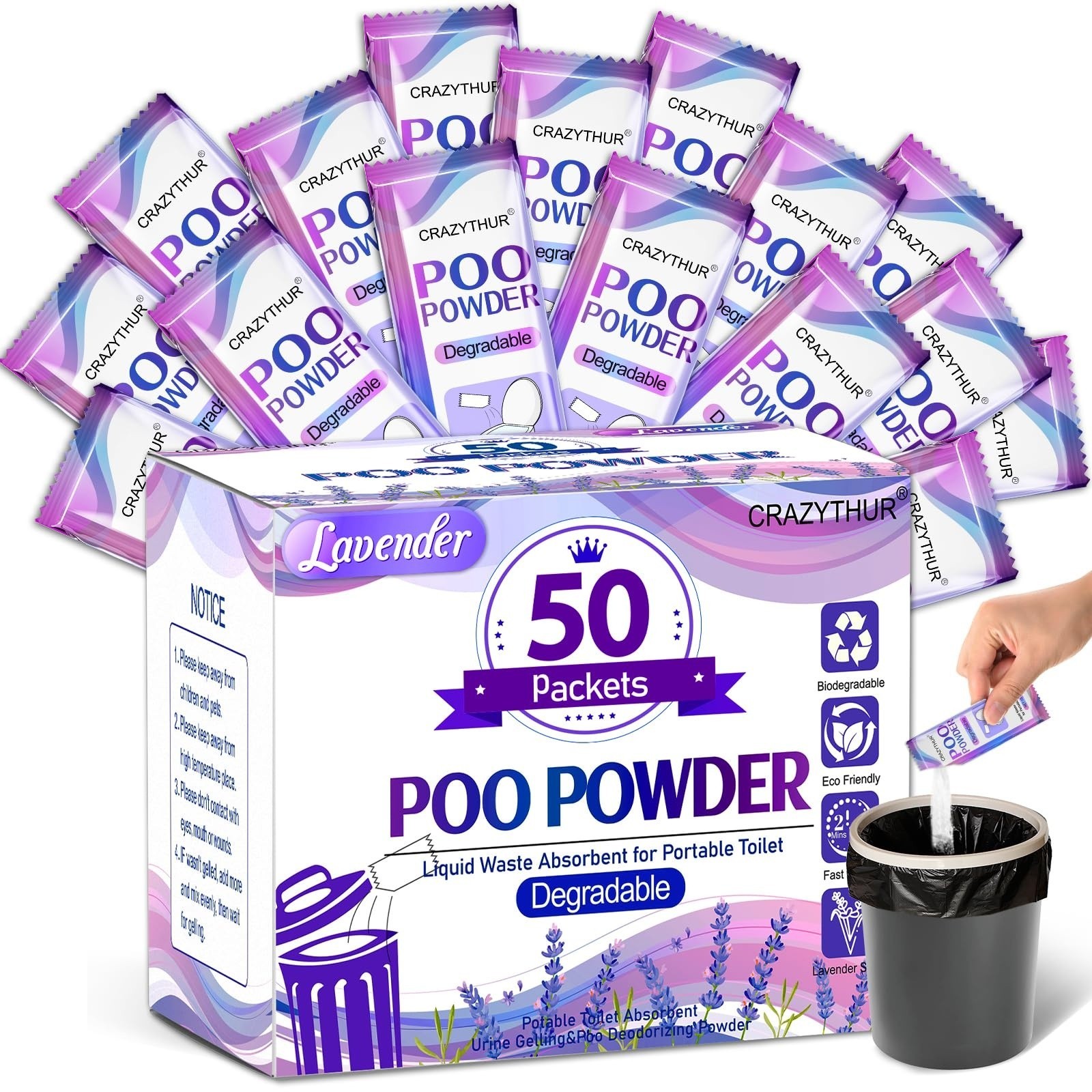 50PCS Poo Gel Portable Toilet Gel Lavender Scent Liquid Waste Gelling Powder