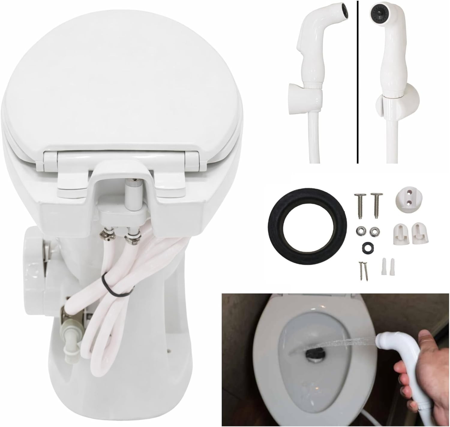 SEAFLO Porcelain RV Toilet Elongated 19 Inch Sprayer Attachment