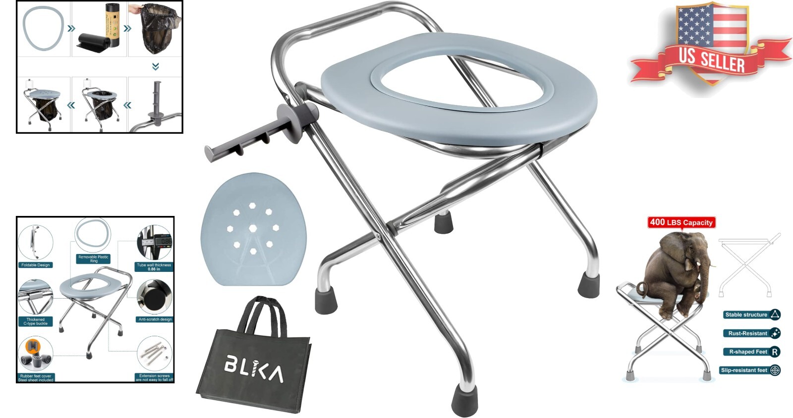 Portable Camping Toilet – Folding, Stainless Steel Seat – 400LBS Weight Capacity