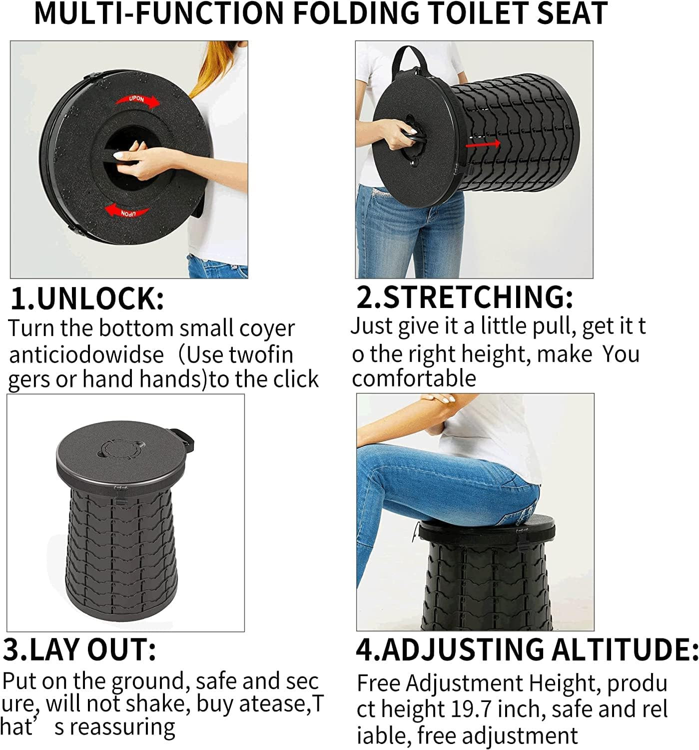 XXL Portable Toilet for Camping,19.7″ H Adjustable Folding Toilet with Lid,Carry