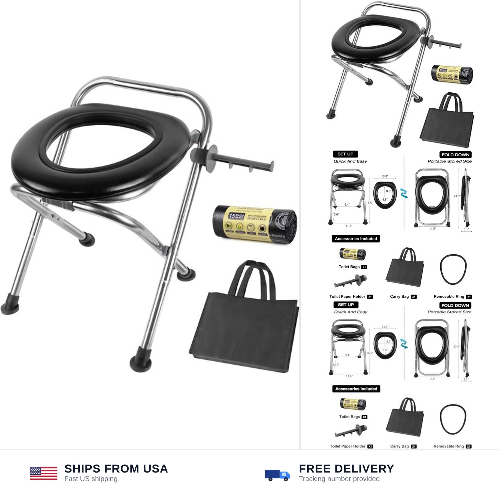 16.5″H Portable Toilet for Camping, 350LB Capacity Stainless Steel Folding To…