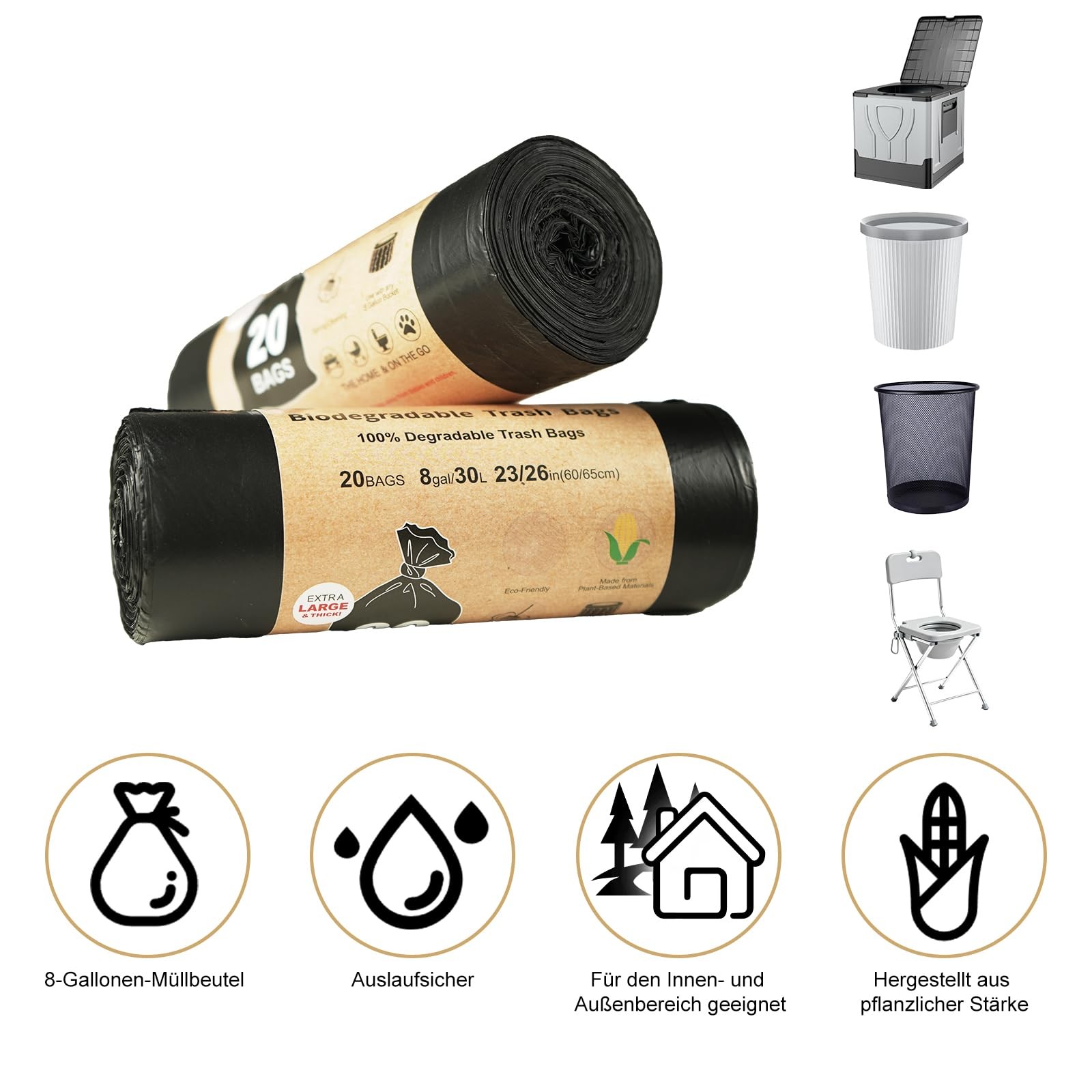 100 Piece Black Camping Toilet Bag Set, 30L Biodegradable Toile…