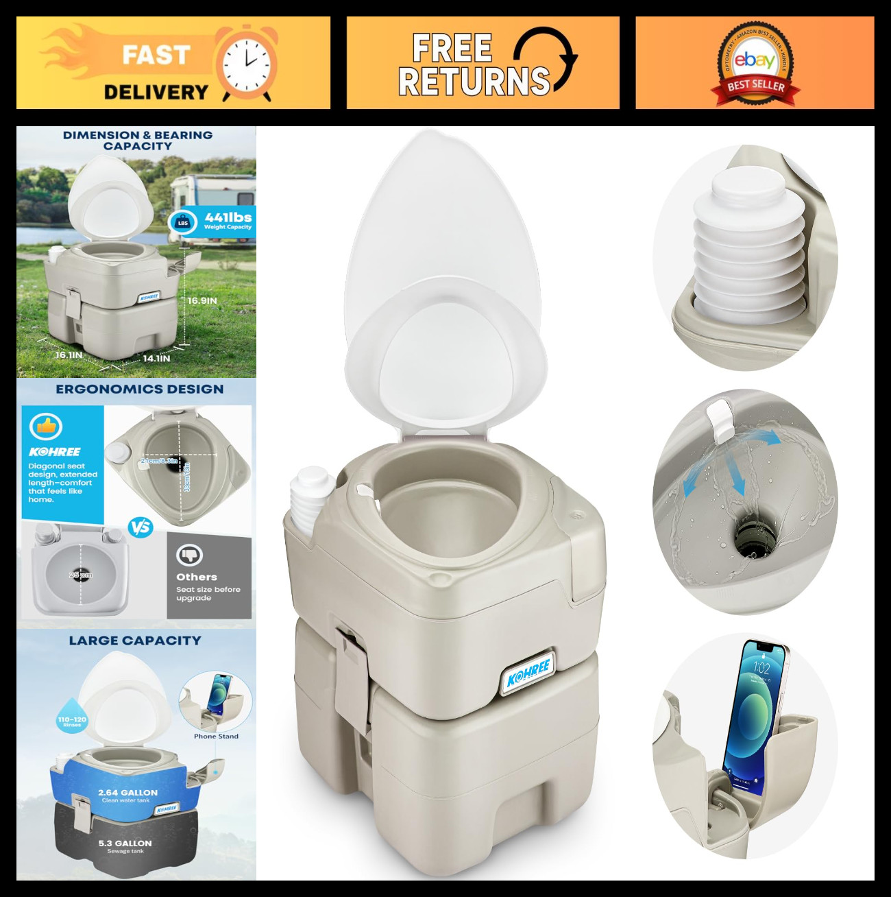 Portable Camping Toilet 5.3 Gal Cassette Porta Potty – Leakproof Bellows Flush,