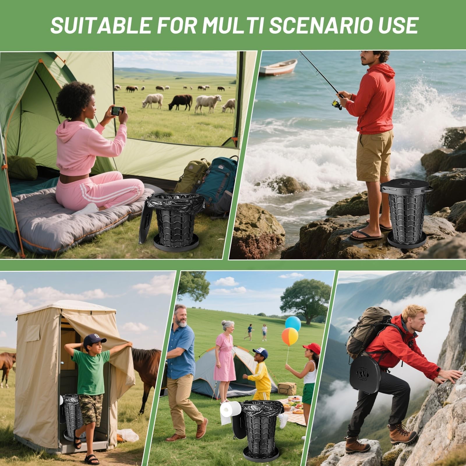 XXL Portable Retractable Camping Toilet – Adjustable Height, 440lbs Capacity, Co