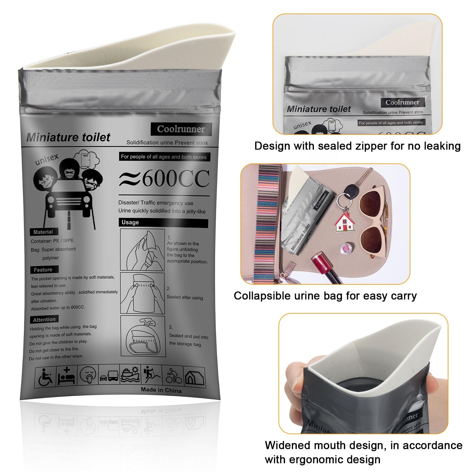 Portable Urine Bags 600ml Emergency Gel Spill Proof Camping Travel Toilet Unisex