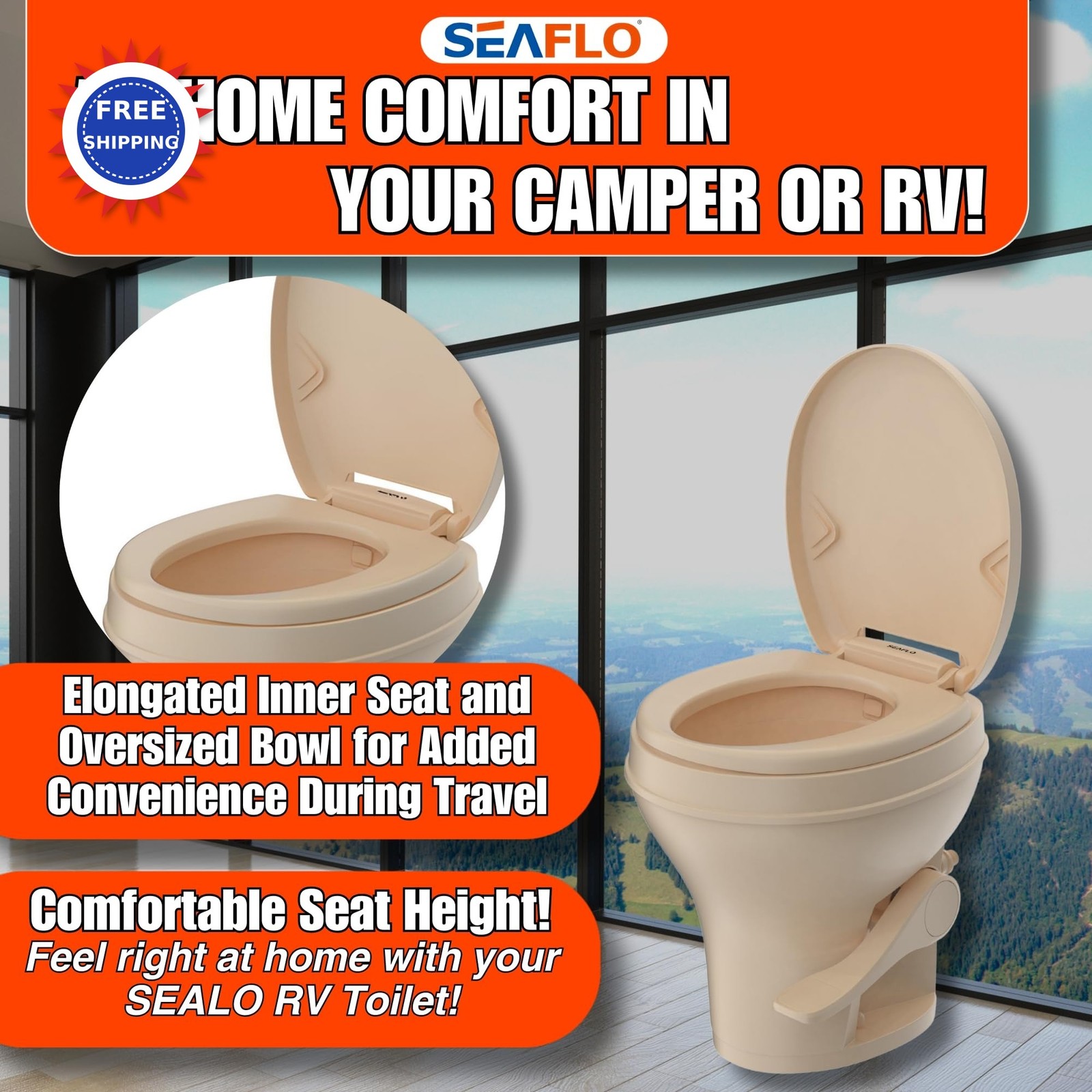 Residential Height Camper RV Toilet Gravity Flush Soft Close Seat SEAFLO Foot
