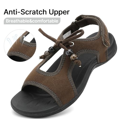 Womens Walking Sandals with Arch Support Comfortable Flats Sandal for 10 Brown