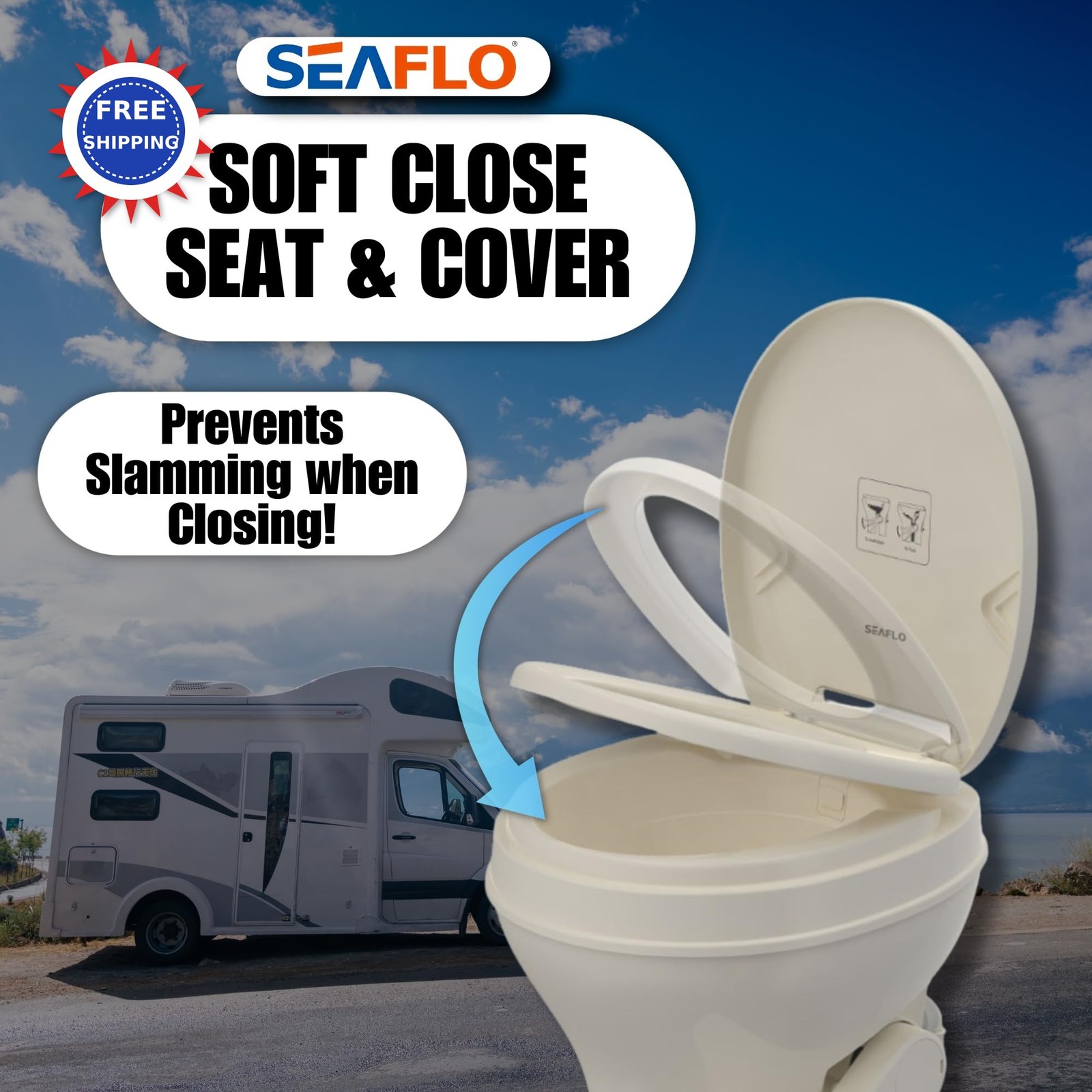 Residential Height Camper RV Toilet Gravity Flush Soft Close Seat SEAFLO Foot