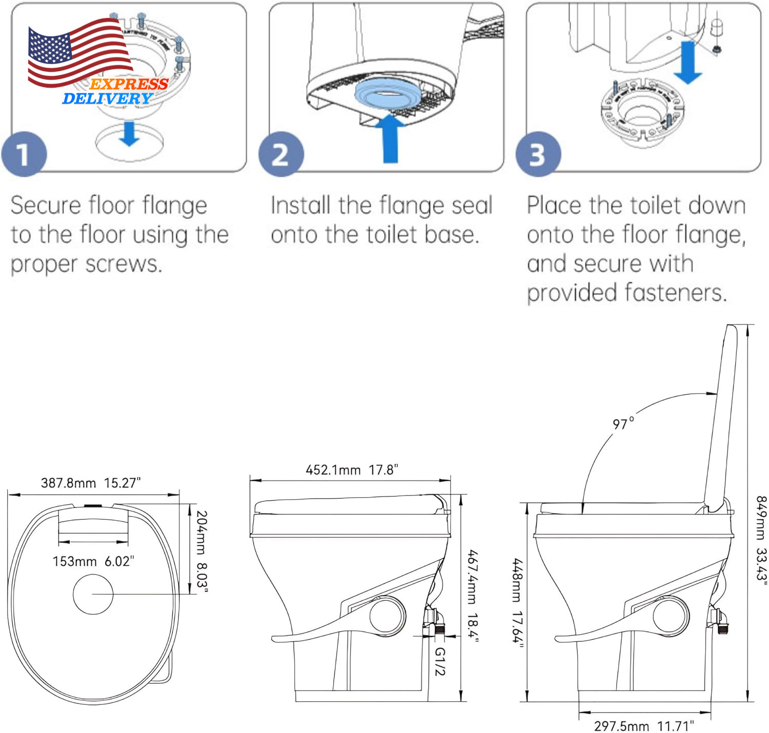 Residential Height Camper/Rv Toilet w/Sprayer Attachment 18.5” Standard Height