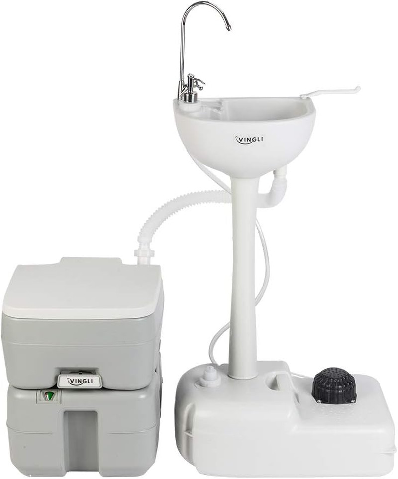 5.3GAL Portable RV Toilet + 17L Camping Sink Hand Wash Basin Station for Outdoor