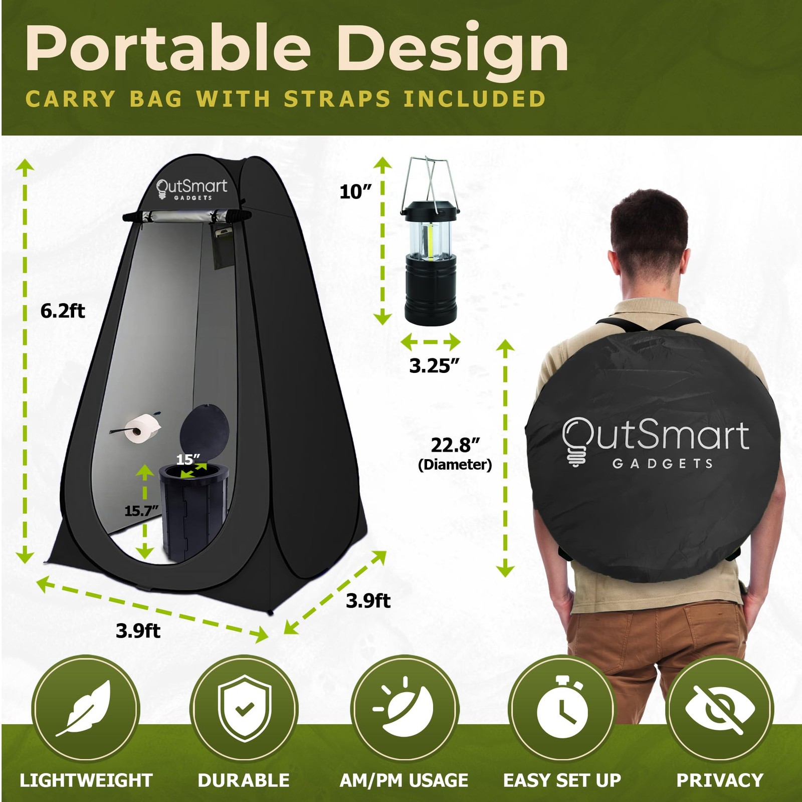 Outdoor Camping Toilet with Pop-Up Privacy Tent and Night Lantern, Portable T…