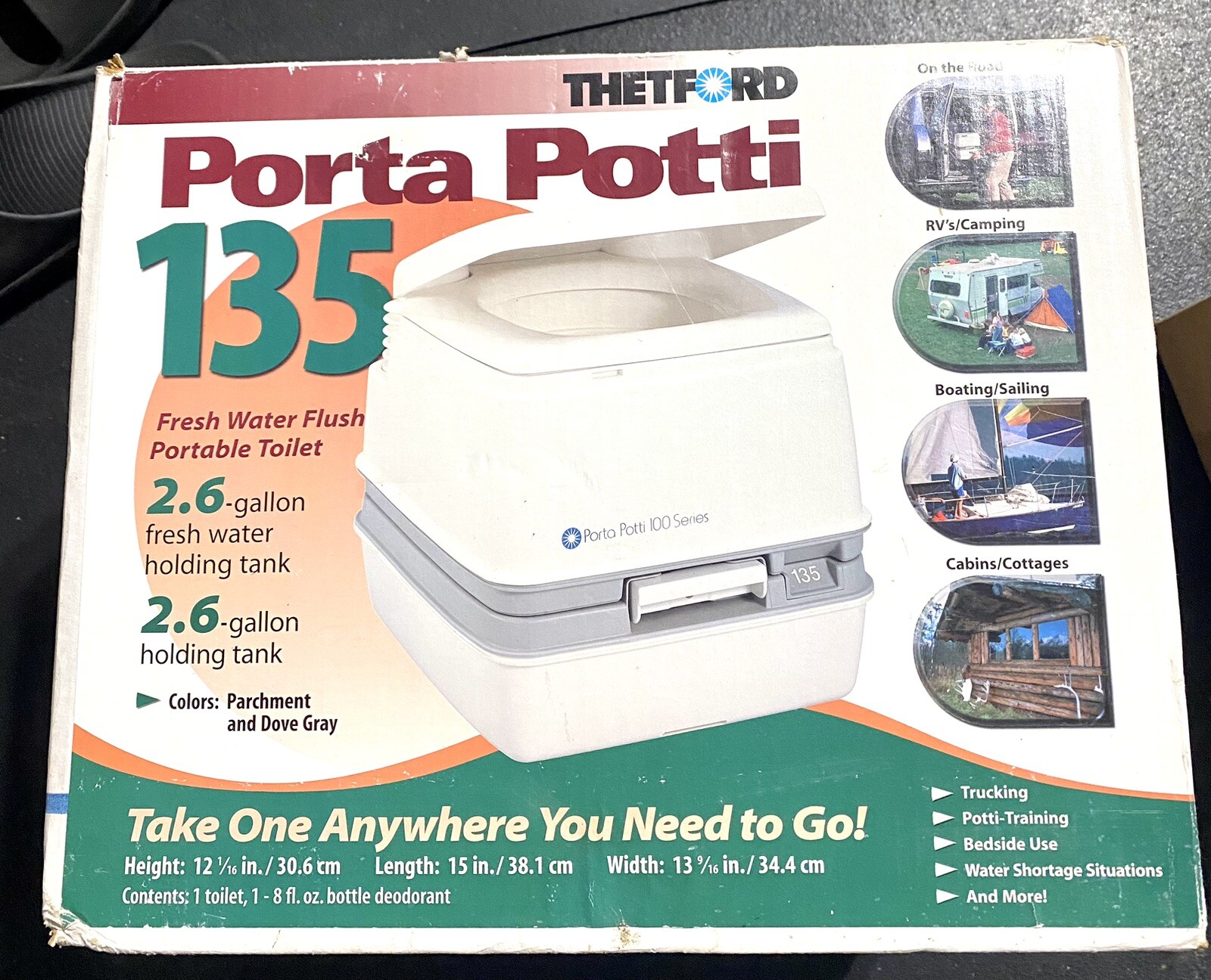 Thetford Camping Porta Potti 135 Sanitized in Box w 32 Oz Camp Chem Used 2X