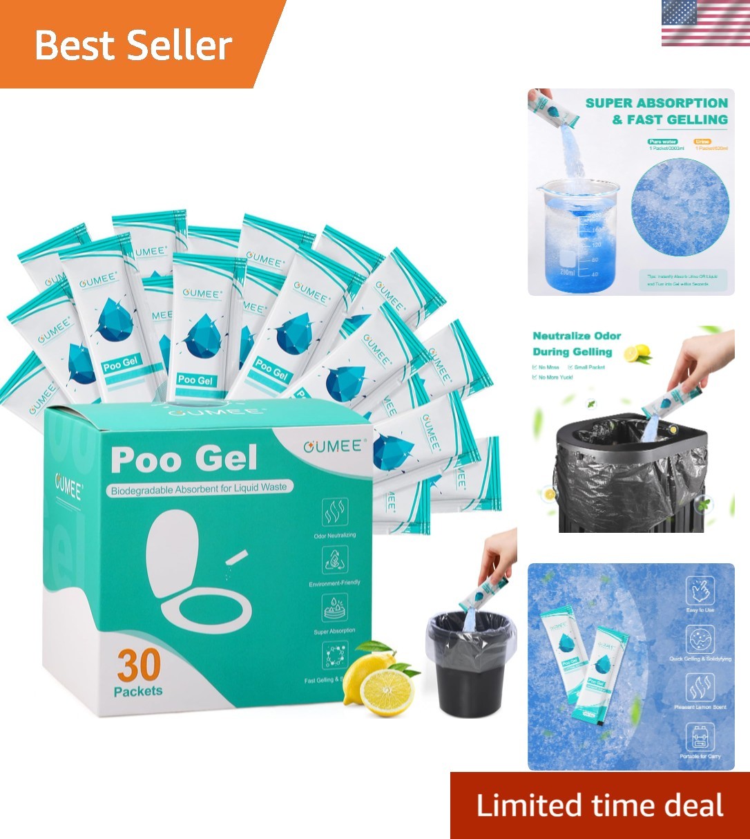 Compact 30-Pack Portable Toilet Gel with Lemon Fragrance for Camping Essentials