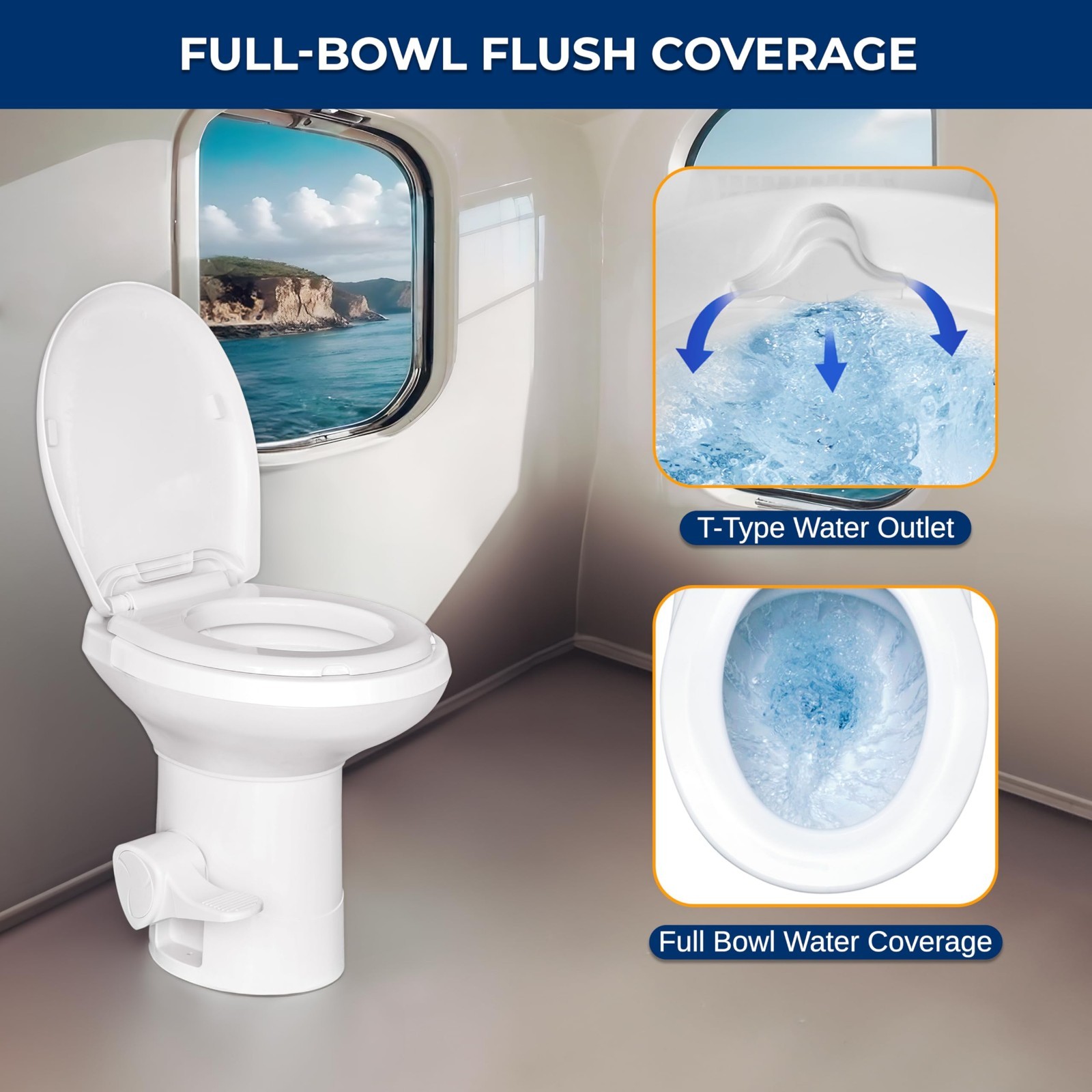 RV Gravity Flush Toilet with Foot Pedal & Hand Sprayer – Odor-Resistant, Full-Bo