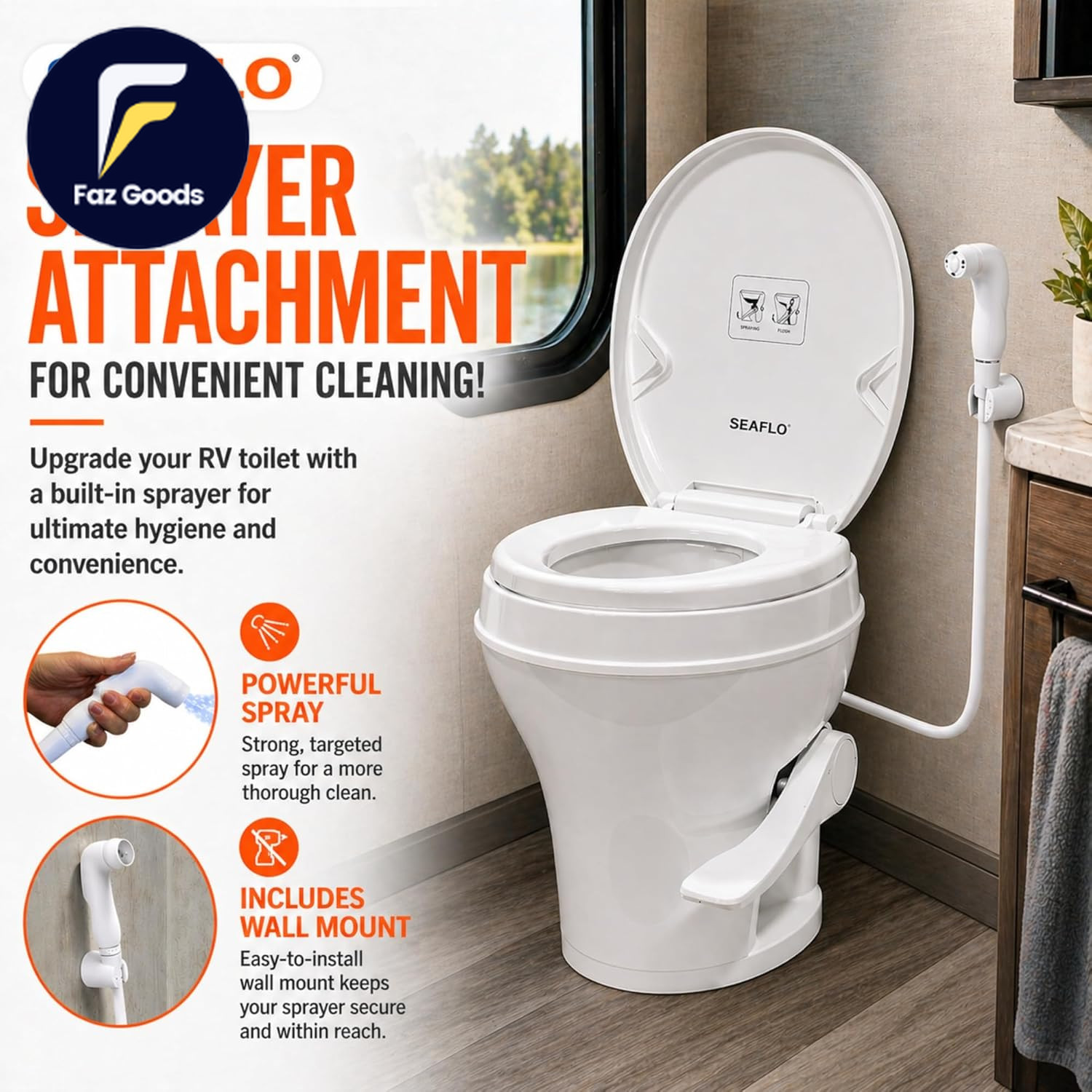 RV Toilet with Sprayer Attachment White 18.4” Residential Height, Gravity Flush