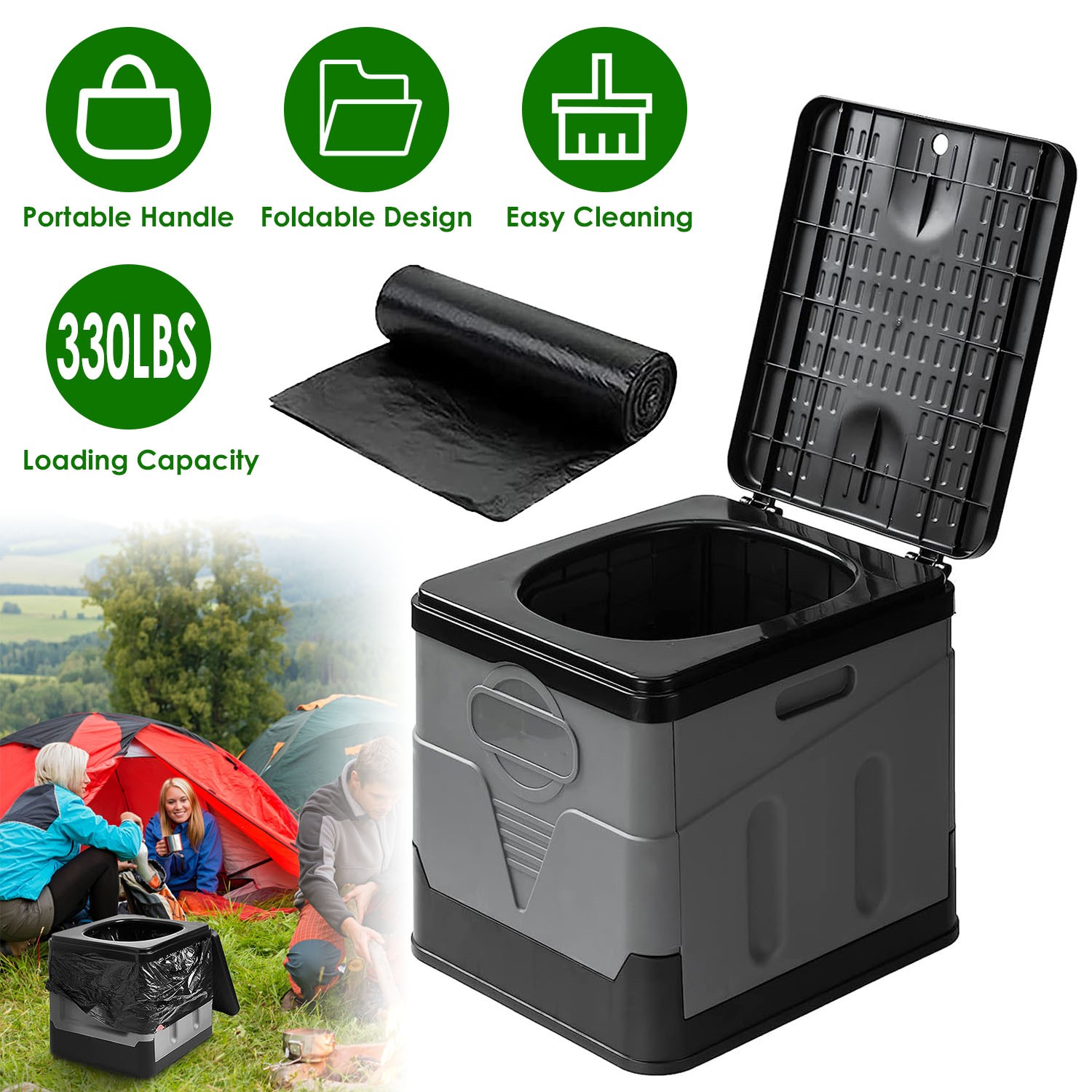 Foldable Portable Camping Toilet with Lid Carry Bag for Travel Outdoor Use