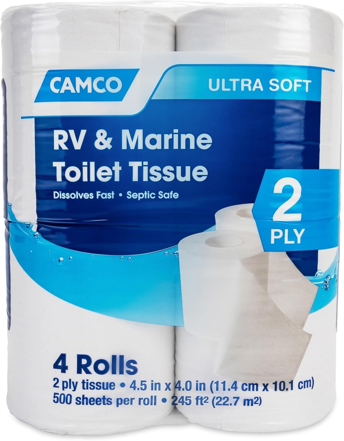 Camco Marine & RV Toilet Paper 2-Ply Septic Safe Dissolves Fast Camping 4-Rolls