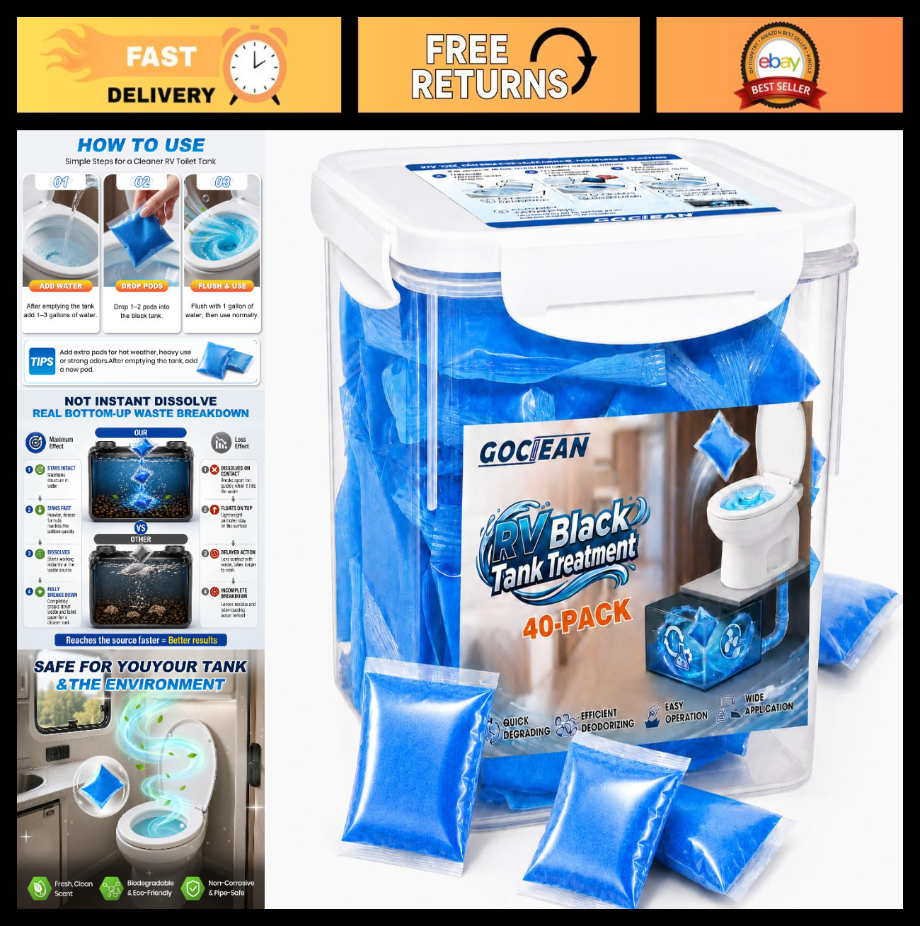 Septic-Safe RV Toilet Pods – 40 Pack Waste Breakdown & Odor Elimination Drop-Ins