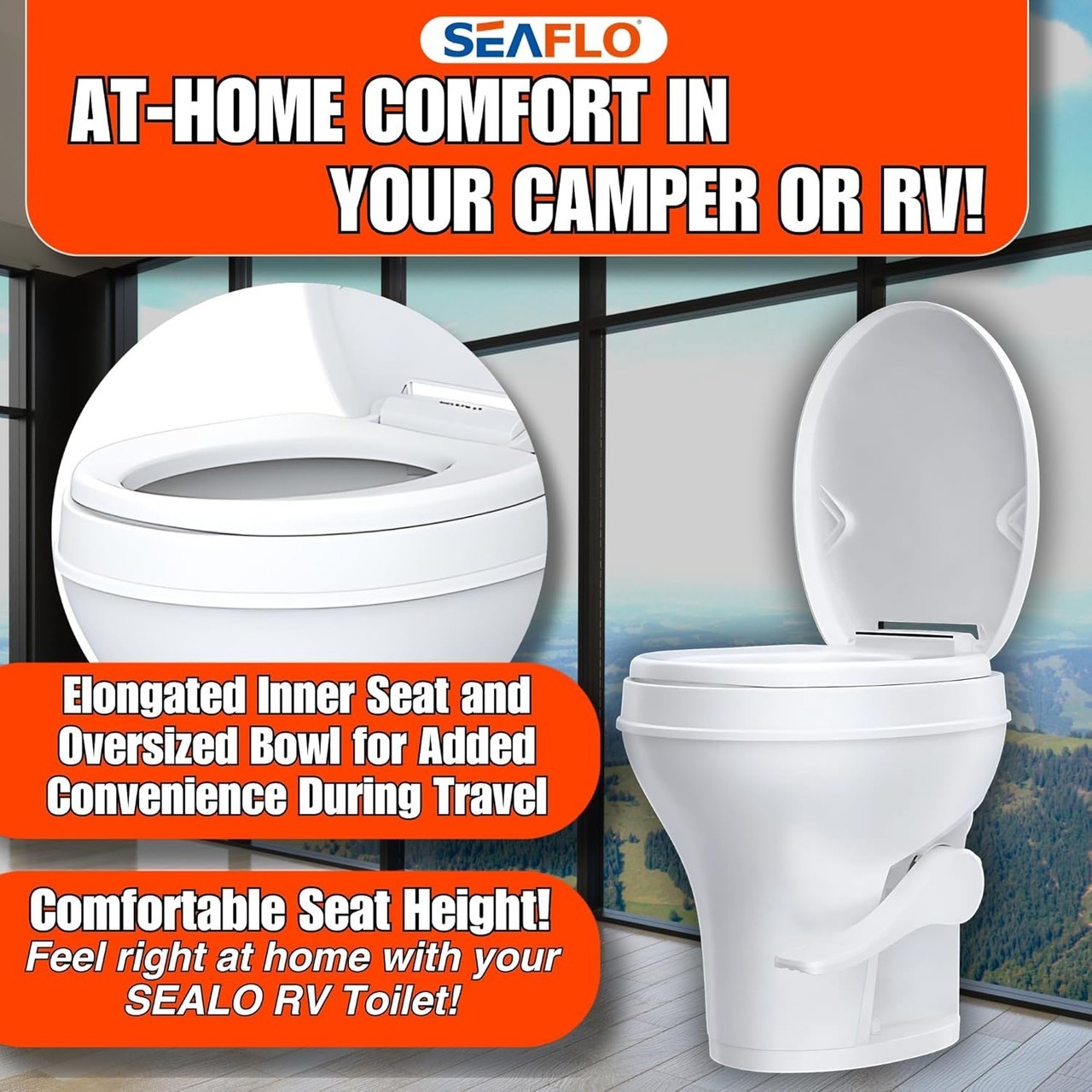 SEAFLO Residential Height Camper/RV Toilet, 18.5” Standard Height, Gravity Flush