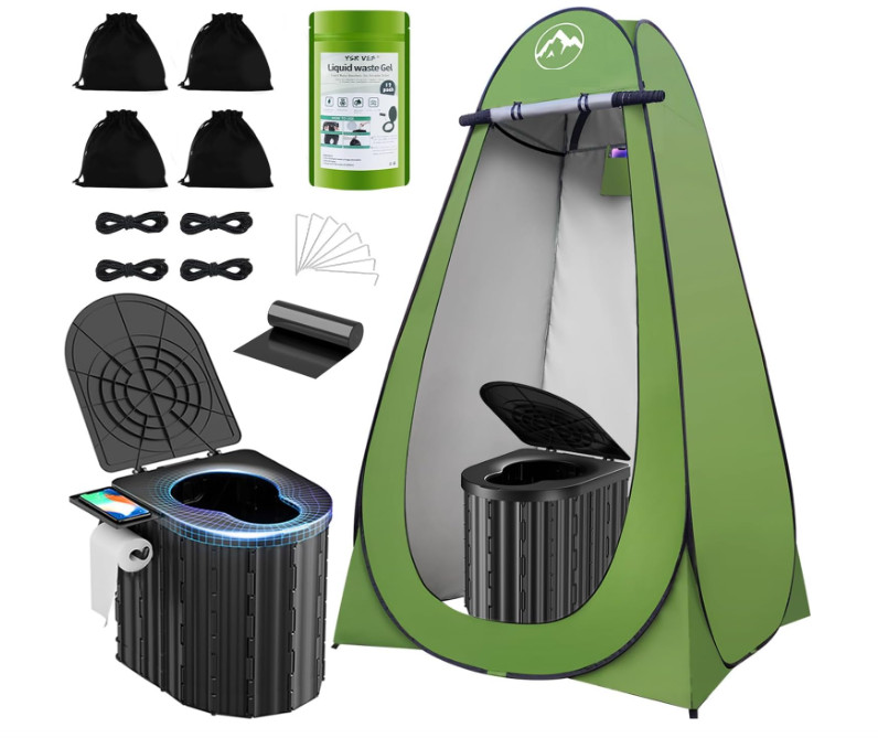 Inodoro portátil camping con tienda emergente y gel, cómodo para todos. Nuevo
