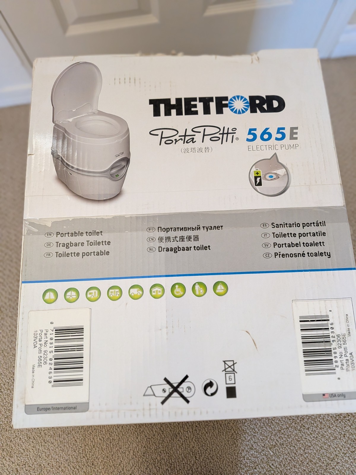 Thetford Porta Potti 565E Portable Camping Toilet, Electric Pump, White/Gray