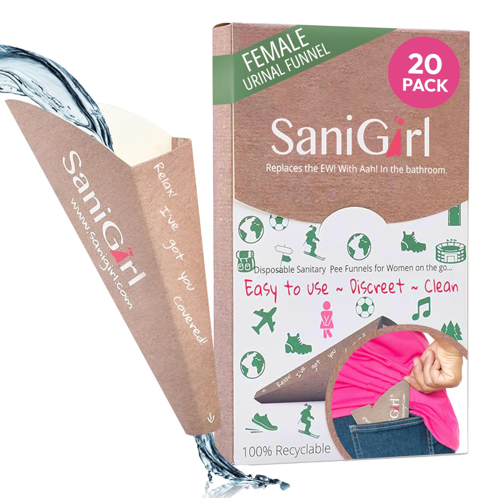 SaniGirl Pee Funnel for Women 20 Count (Pack of 1), Beige, White, Green, Pink