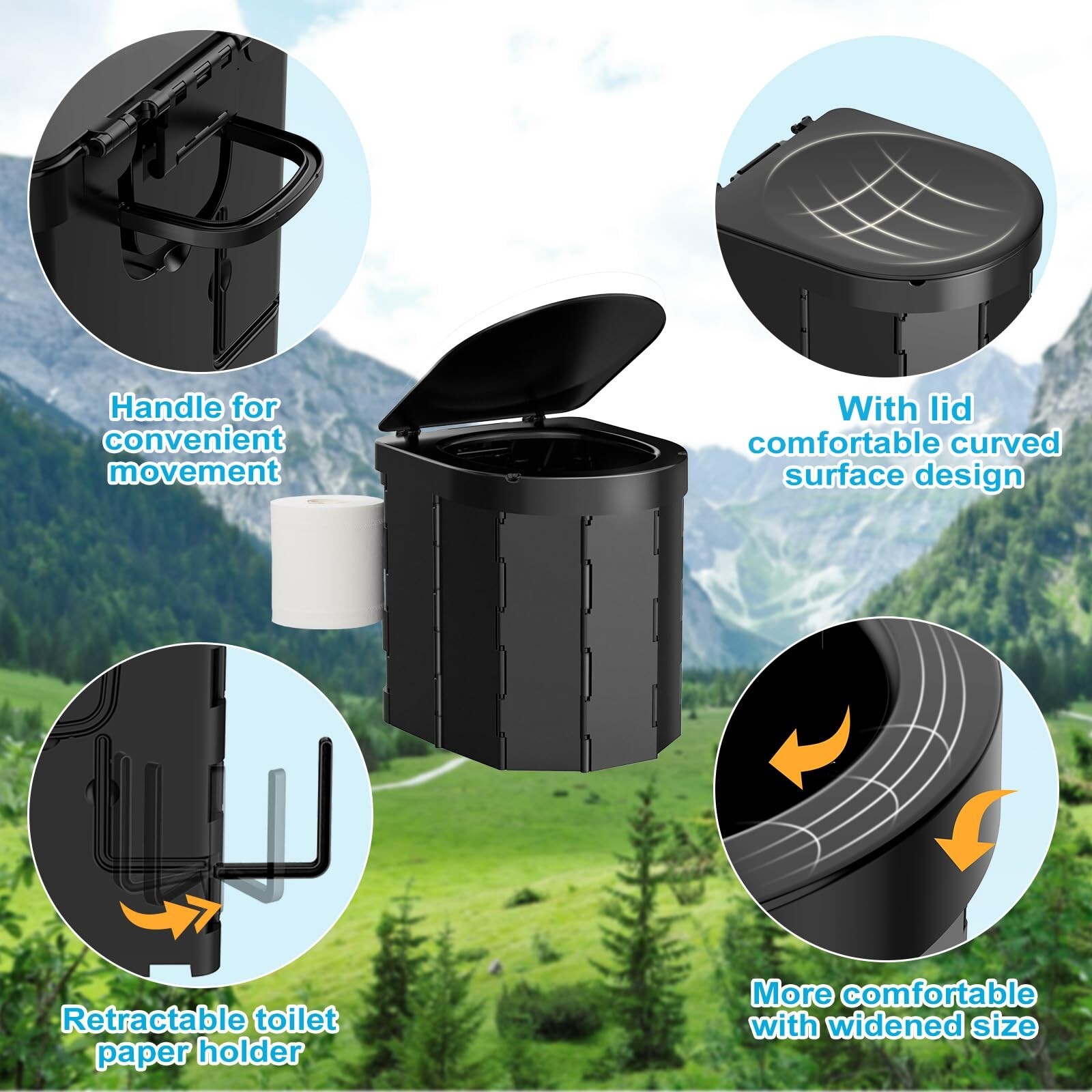Foldable Portable Camping Toilet with Lid and Retractable Toilet Paper Holder
