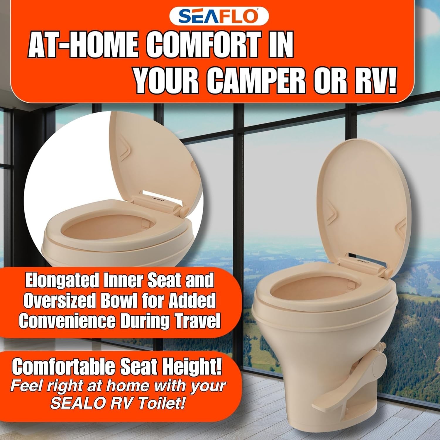 SEAFLO Residential Height Bone Camper/RV Toilet with Sprayer Attachment, 18.5”