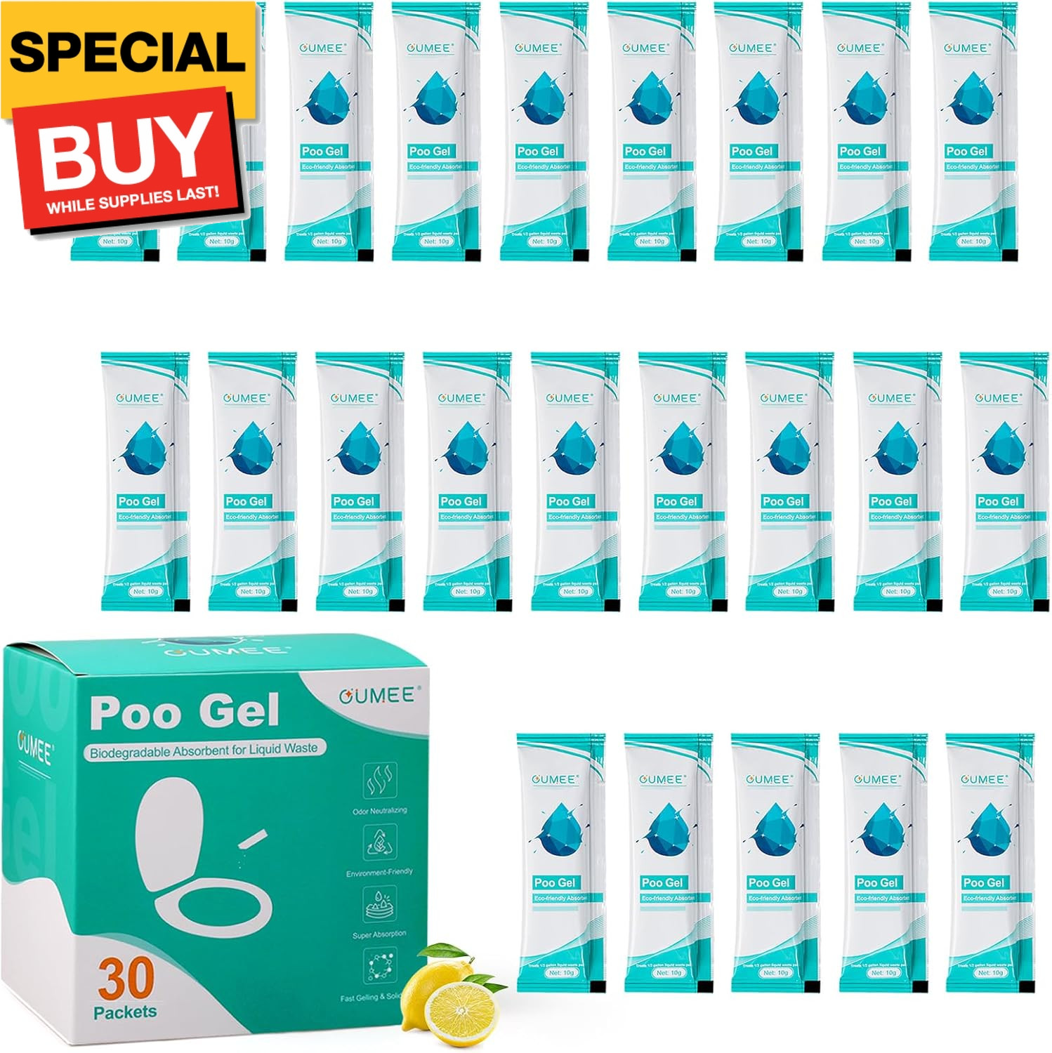 30 PACK Poo Gel for Portable Toilet, Camping Toilet Powder for Potty Bags, Eco A