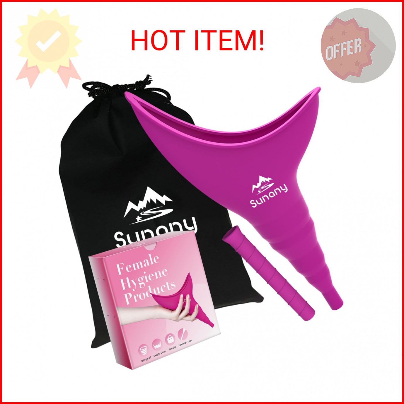 Sunany Female Urination Device, Reusable Female Urinal Silicone Women Pee Funnel