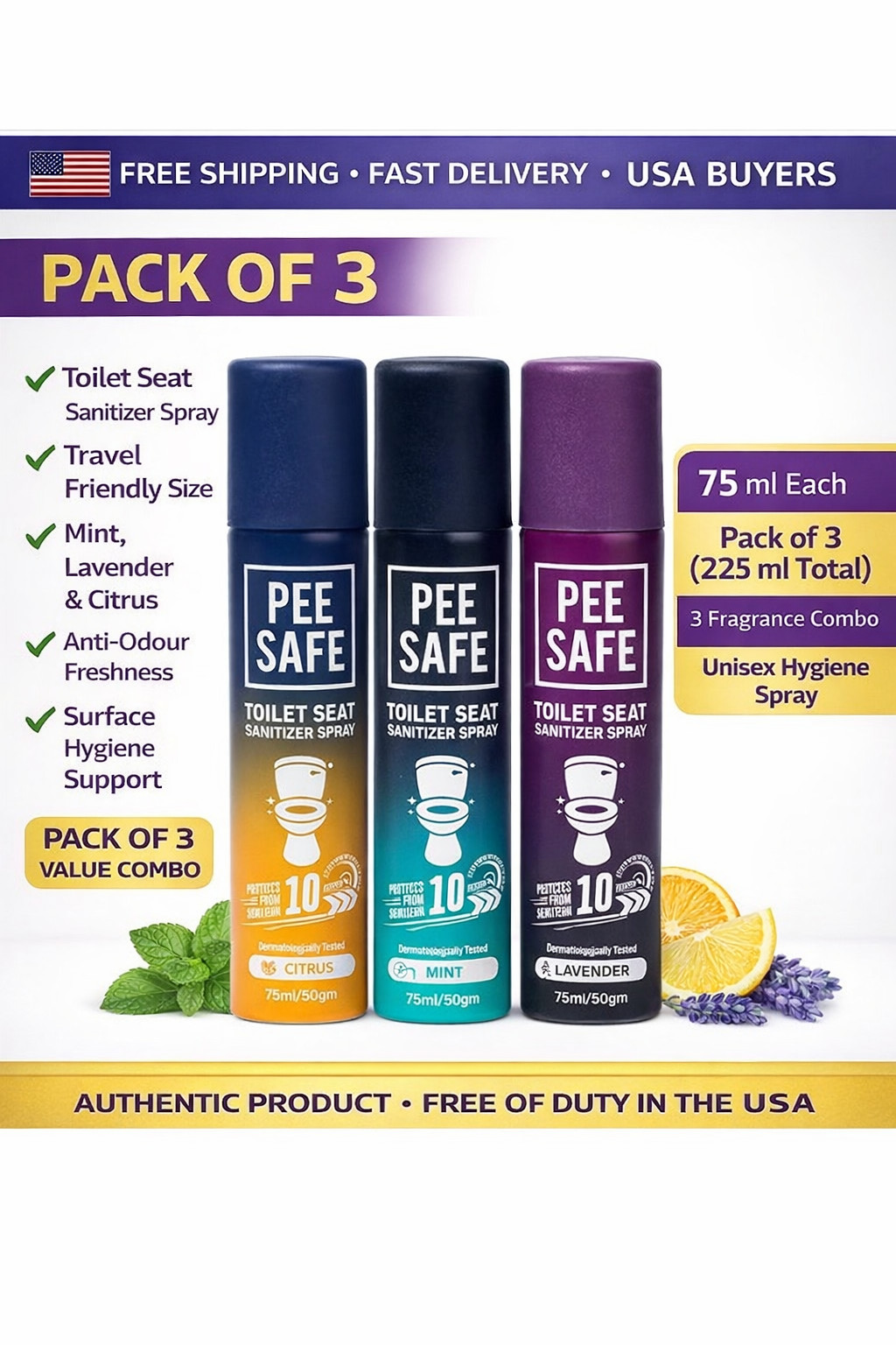 Pee Safe Toilet Seat Sanitizer Spray 75ml Each Pack of 3 Mint Lavender Citrus