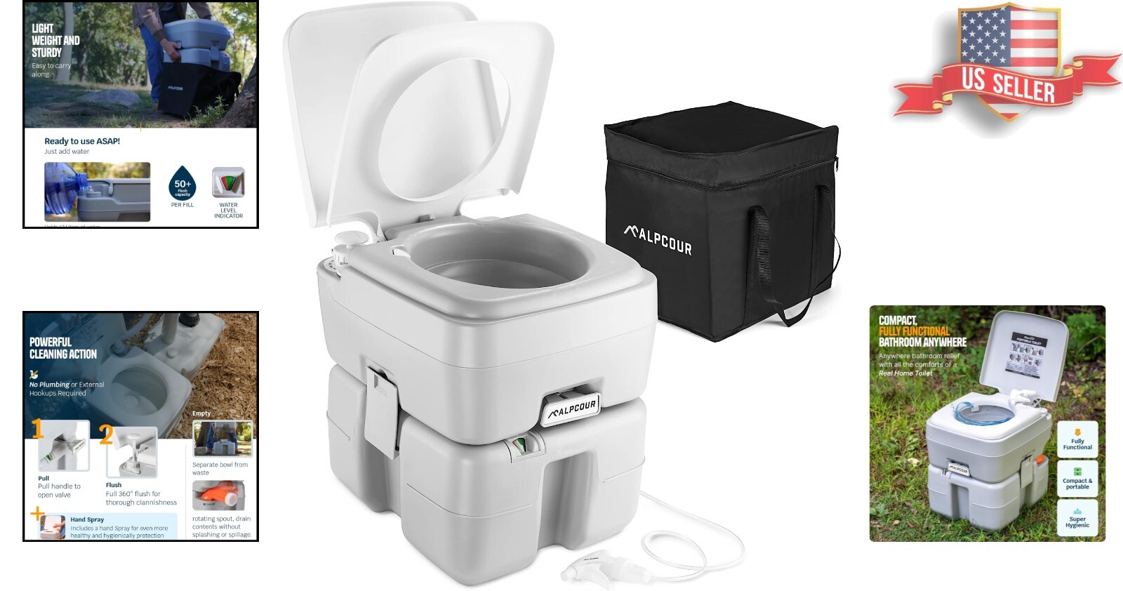 Portable Toilet with Piston Pump Flush & 5.3 Gallon Waste Tank – Compact Design