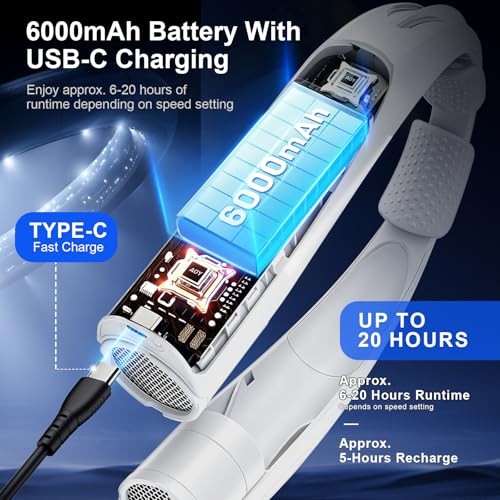 Portable Neck Fan with Reading Light, 6-Speed Wearable Fan, 6000mAh USB-C White
