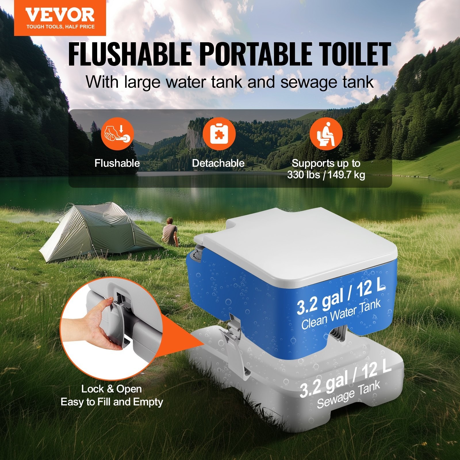 3.2 Gallon Portable Toilet Camping RV Porta Potty Pressurized Flush Travel Toile