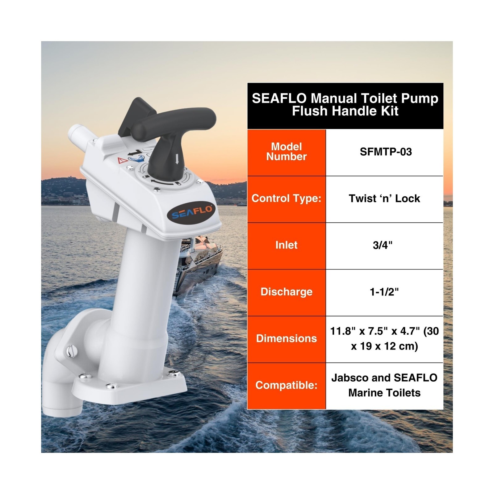 SEAFLO Manual Toilet Pump Flush Handle Kit – Compatible with SEAFLO and JABSC…