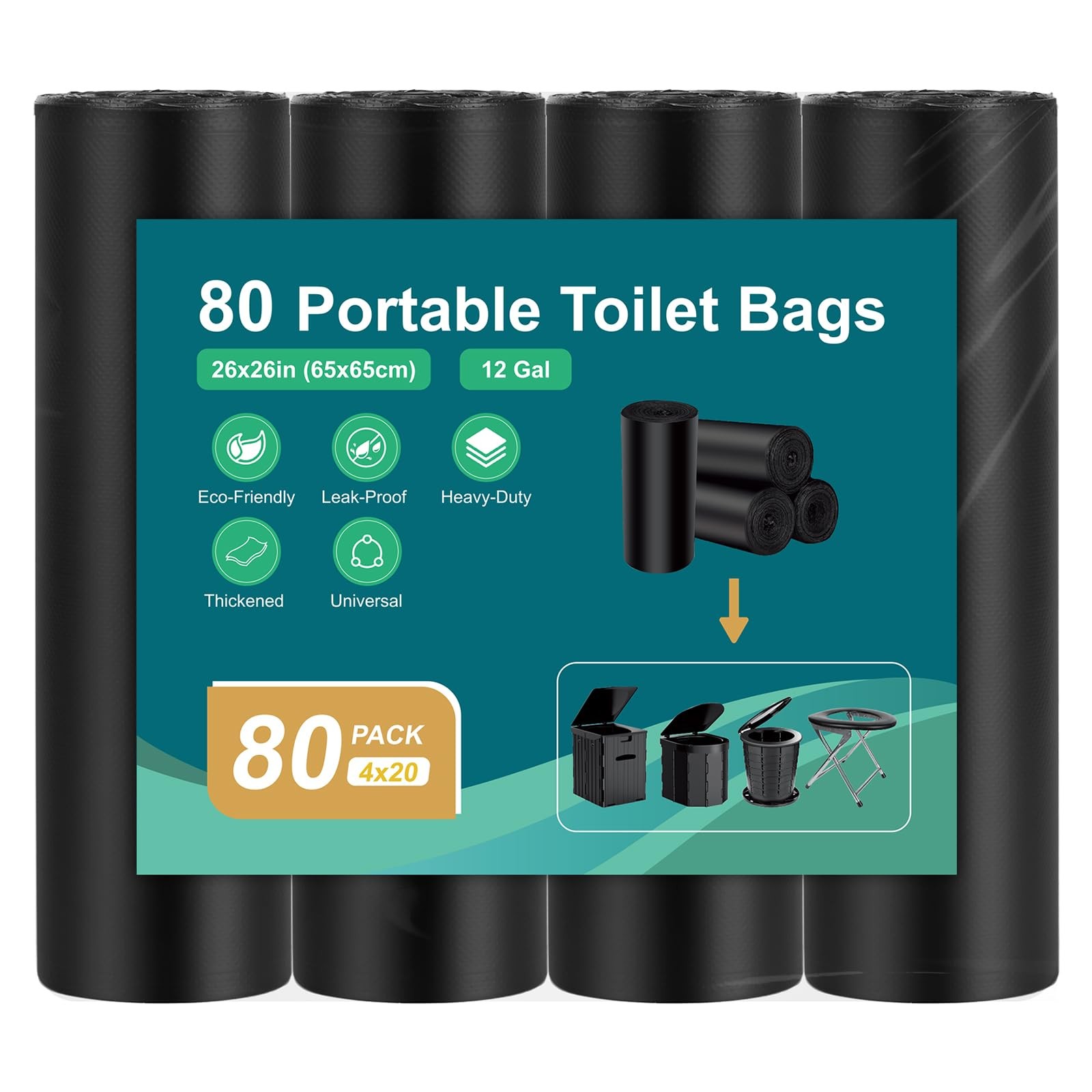 Portable Toilet Bags 80 Count 12 Gallon Heavy Duty Leakproof Camping Bucket Line