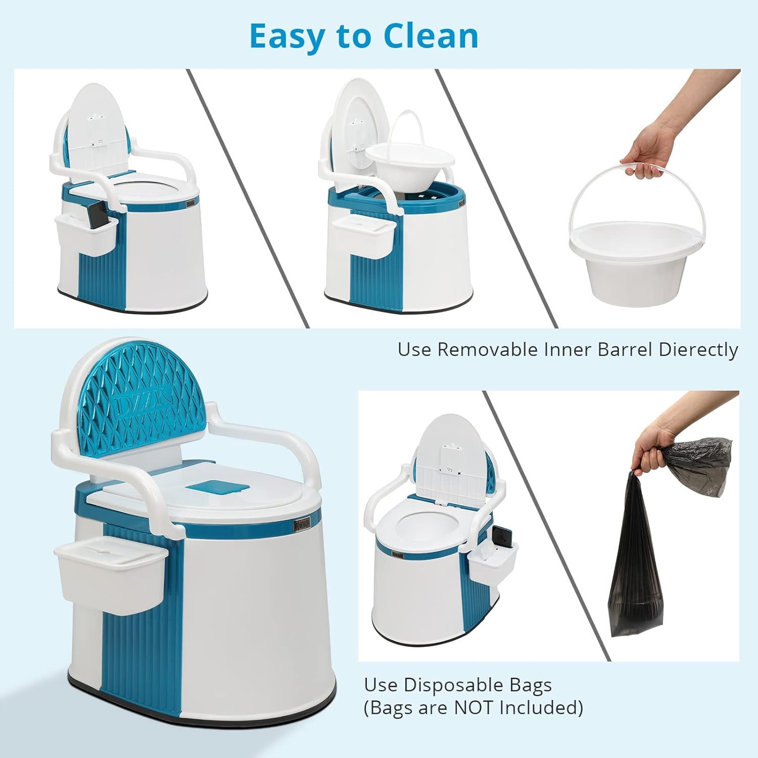 Portable Toilet | Back & Handrail Design Commode with 5 Gallon Bucket Inner, Cam