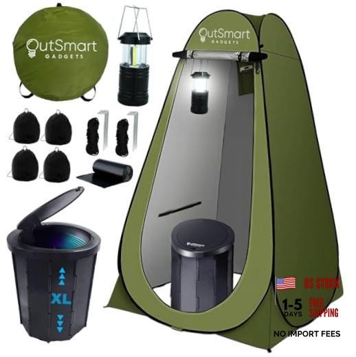 Outdoor Portable Toilet Set for Adults with Camping Night Lantern, Green