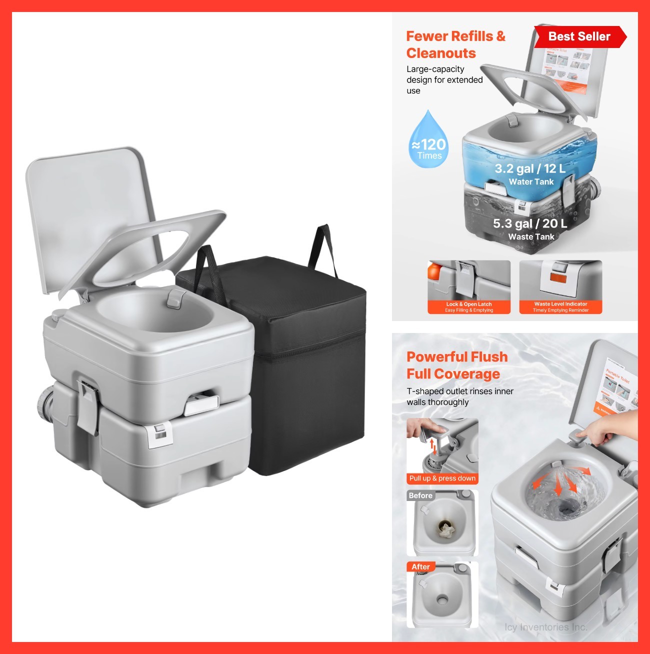 Portable Toilet 5.3 Gallon 7.9 Gallon Detachable Waste Tank Gravity Flushing