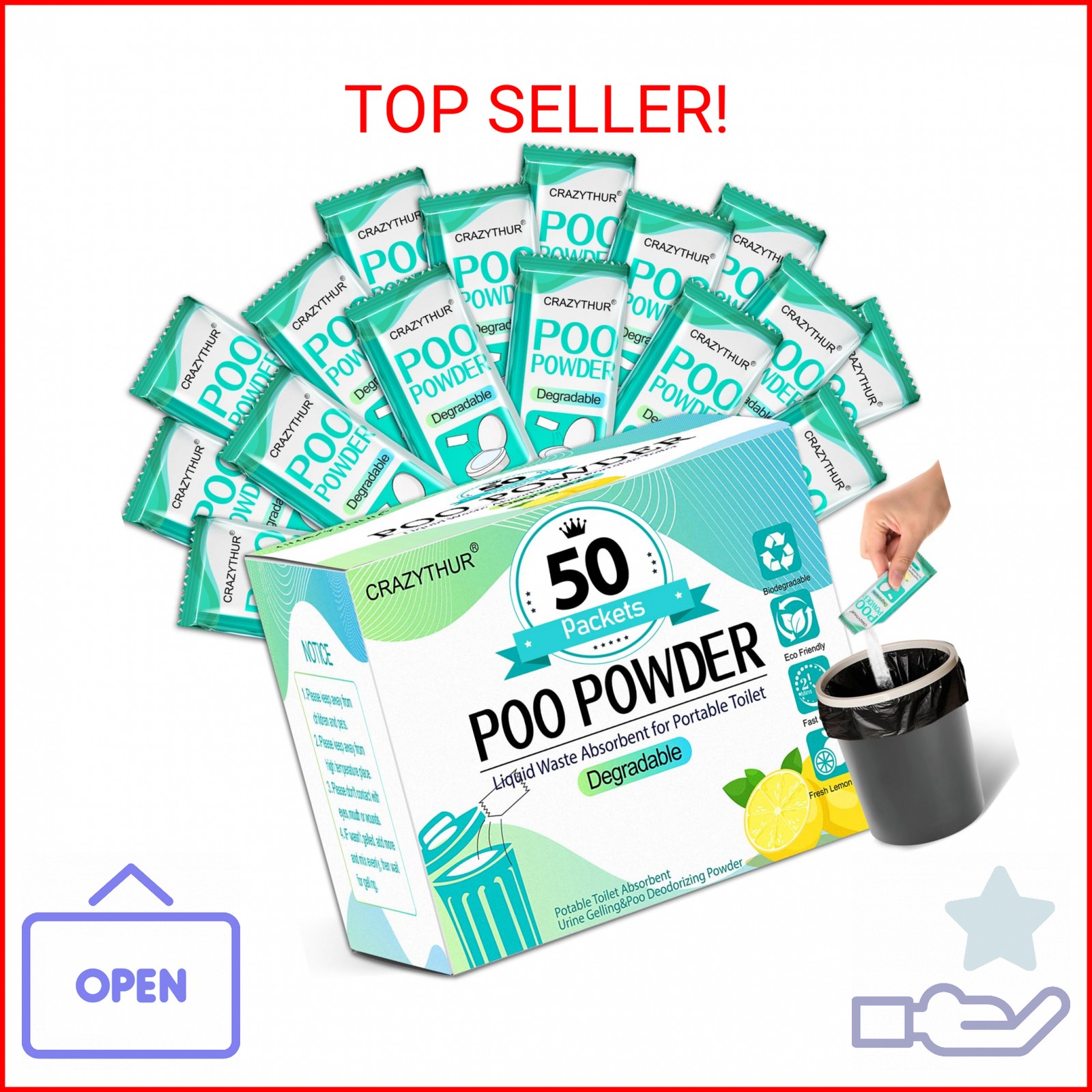 CRAZYTHUR Portable Toilet Gel, 50 Packets Camp Toilet Portable Gel, Poo Powder w