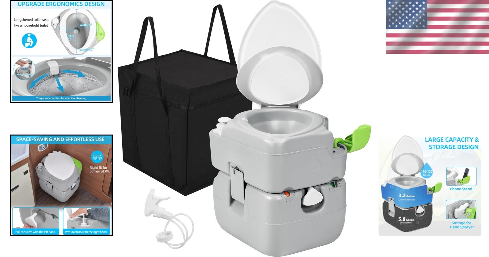 Elegant 5.8-Gallon Portable Toilet with Diagonal Bowl & Hand Sprayer for Camping
