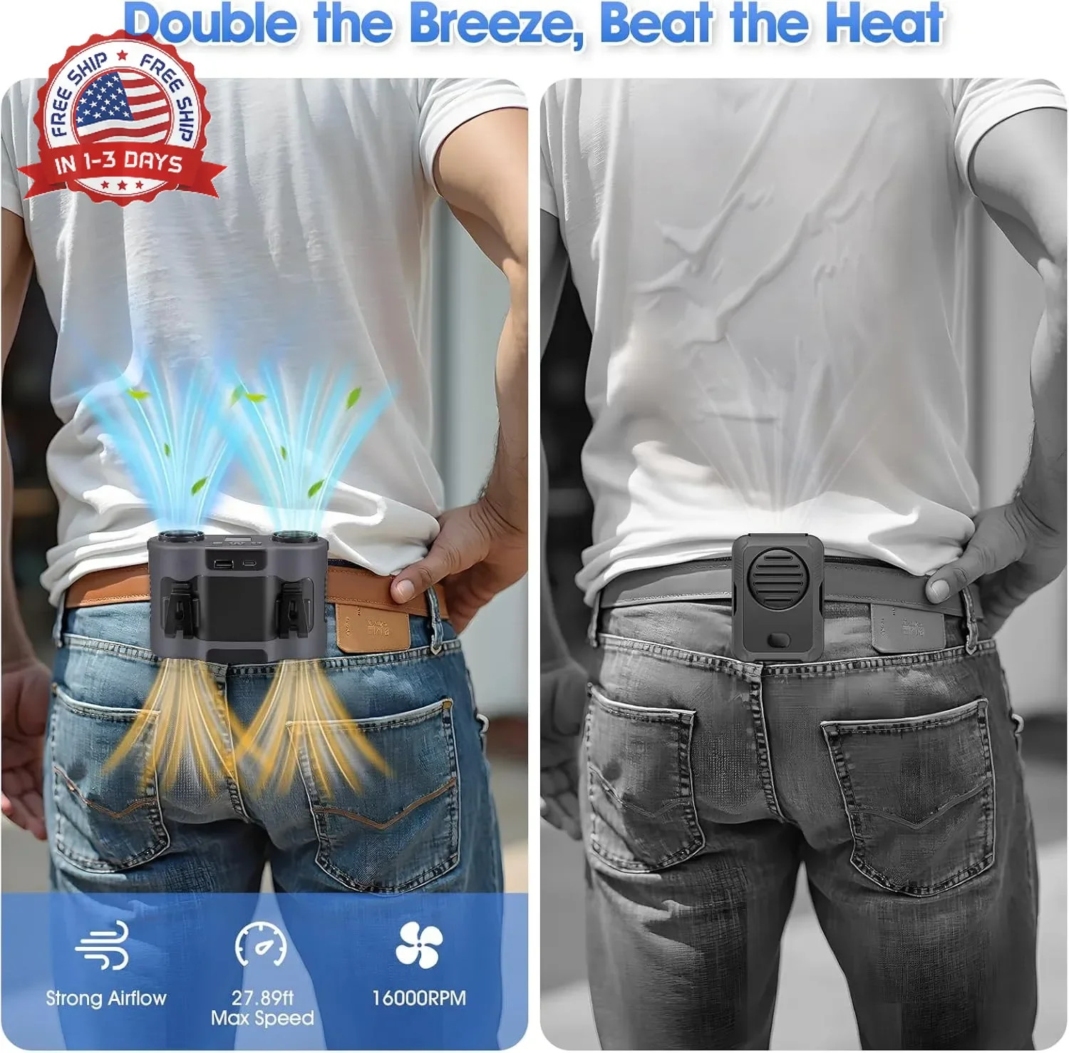 42H Portable Waist Fan, 28000mAh Rechargeable Wearable Belt Fans, 16000 RPM Cool