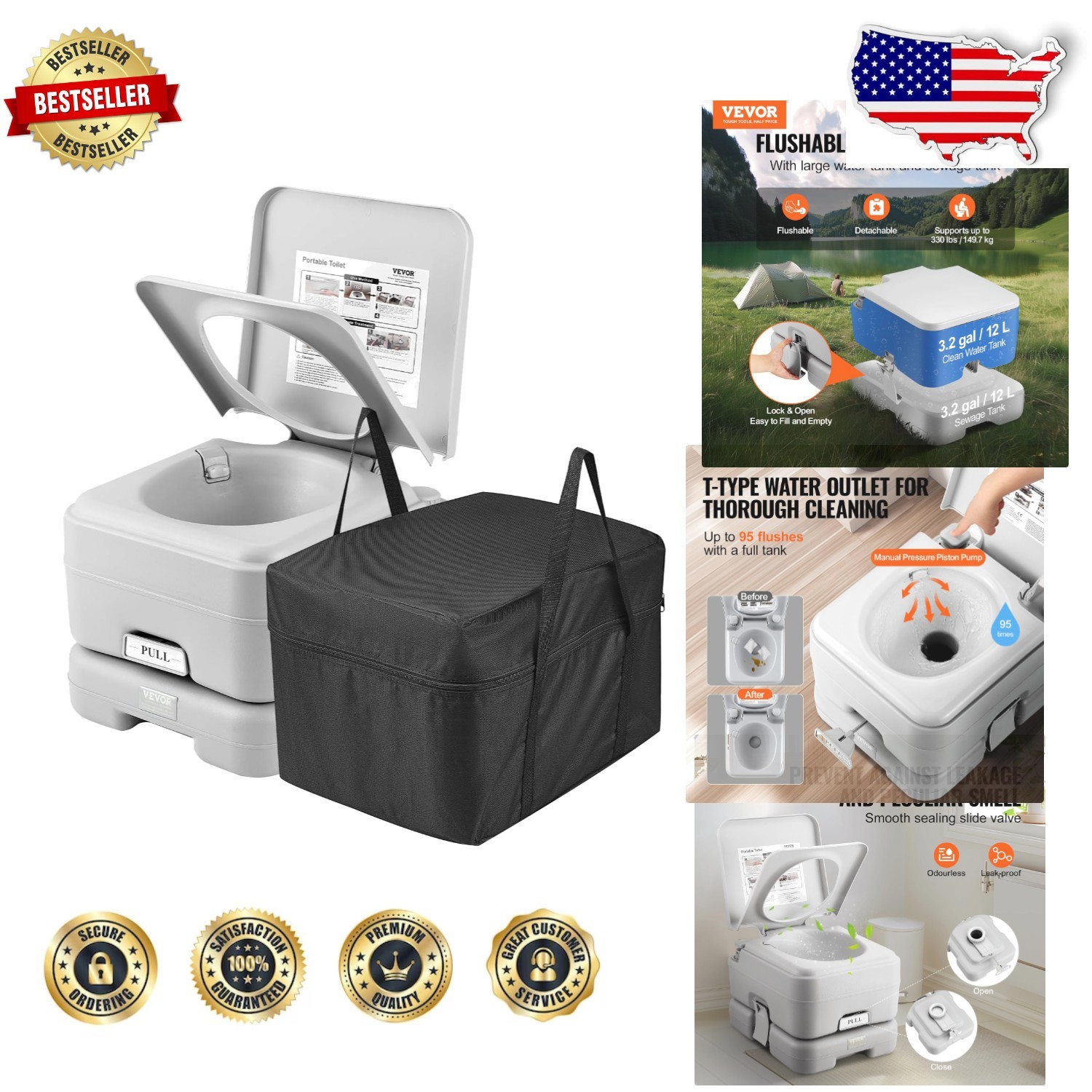 Portable Camping Toilet 3.2 Gal Flush, Pressurized Commode, Level Indicator